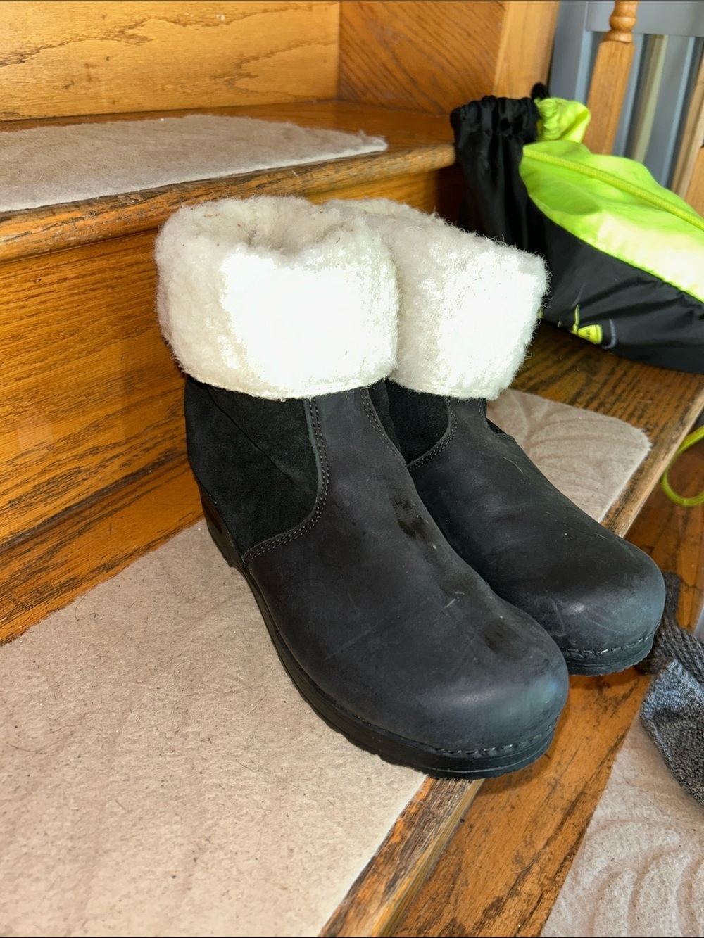 Sanita Women's Black Winter Ankle Boots with White Faux-Fur Cuff